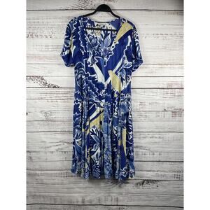 Orientique Dress Women's XS Blue Tropical Floral Crinkle Midi Swing Boho Rayon